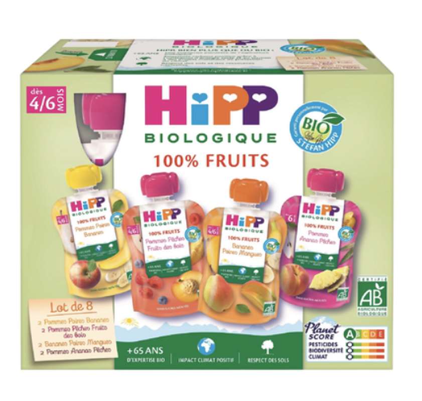 100% fruits 4 variétés BIO - dès 4/6 mois, Hipp (8 x 90 g)