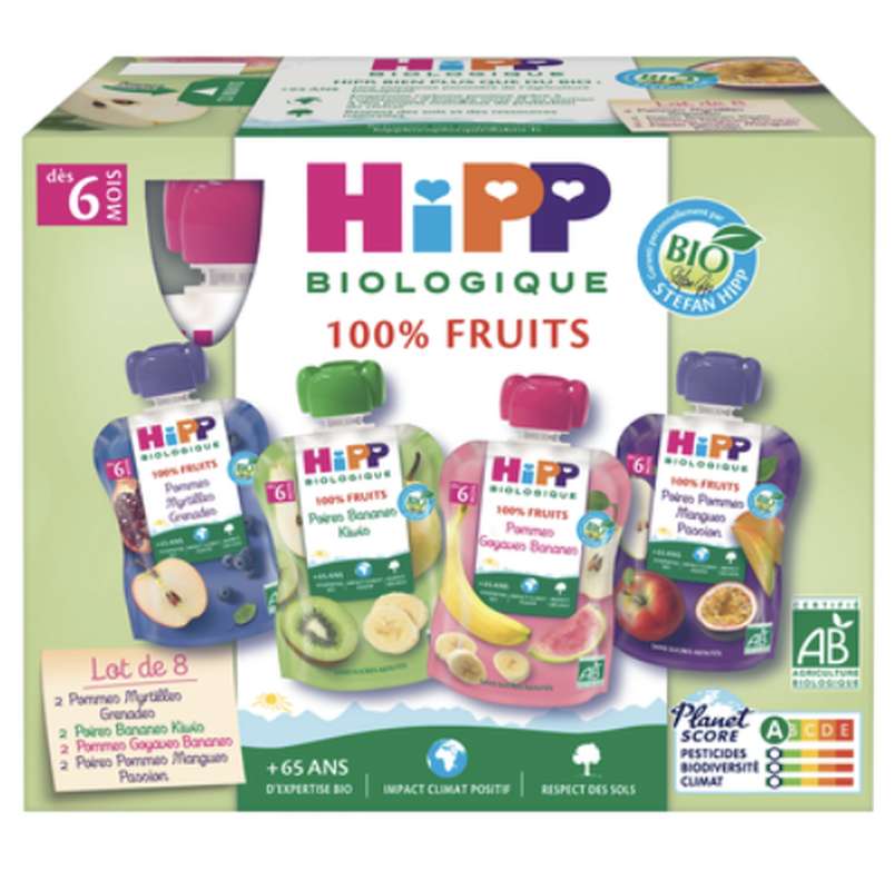 100% fruits 4 variétés BIO - dès 6 mois, Hipp (8 x 90 g)