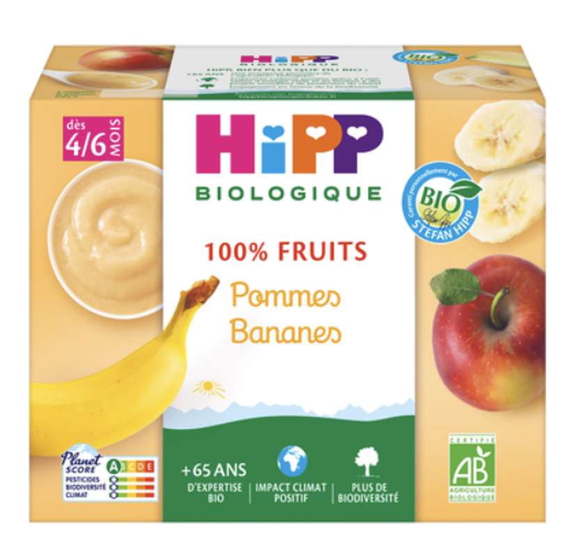 100% fruits pomme, banane BIO - dès 4 mois, Hipp (4 x 100 g)