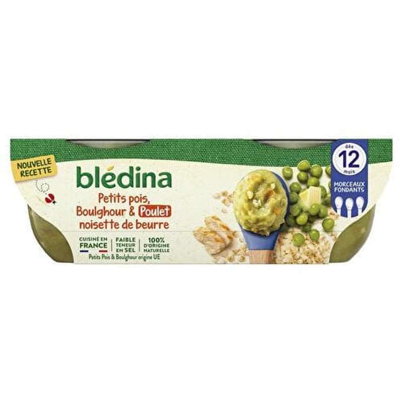 2 Packs de 2 Bols petits pois, boulghour et poulet, noisette de beurre - dès 12 mois, Blédina  (4 x 200 g)