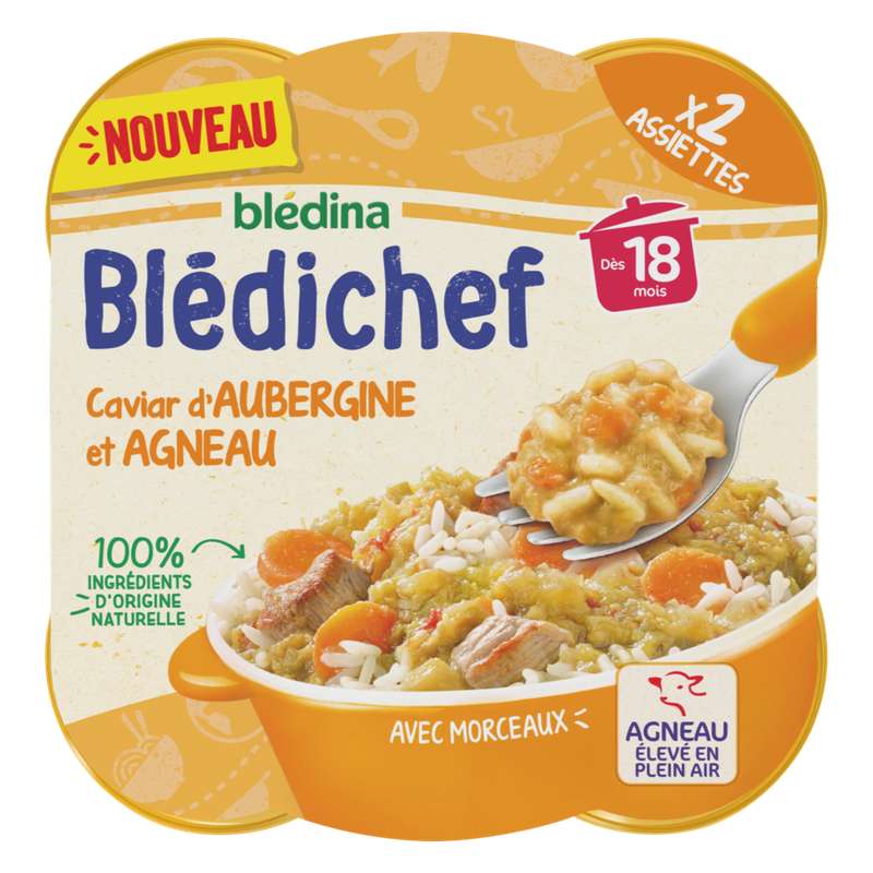 Blédina Blédichef – 9 Assiettes Repas Bébé 15 Mois Butternut Carottes Boulghour, Petits Morceaux 100% Naturels, Dès 15 Mois – 9 X 250g