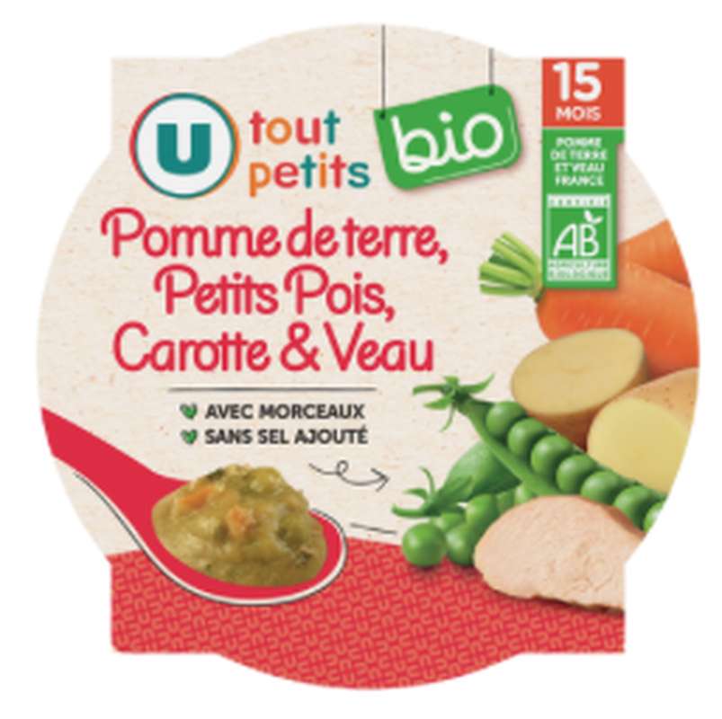 Assiette de petits pois et veau BIO - dès 15 mois, U Tout Petits (250 g)