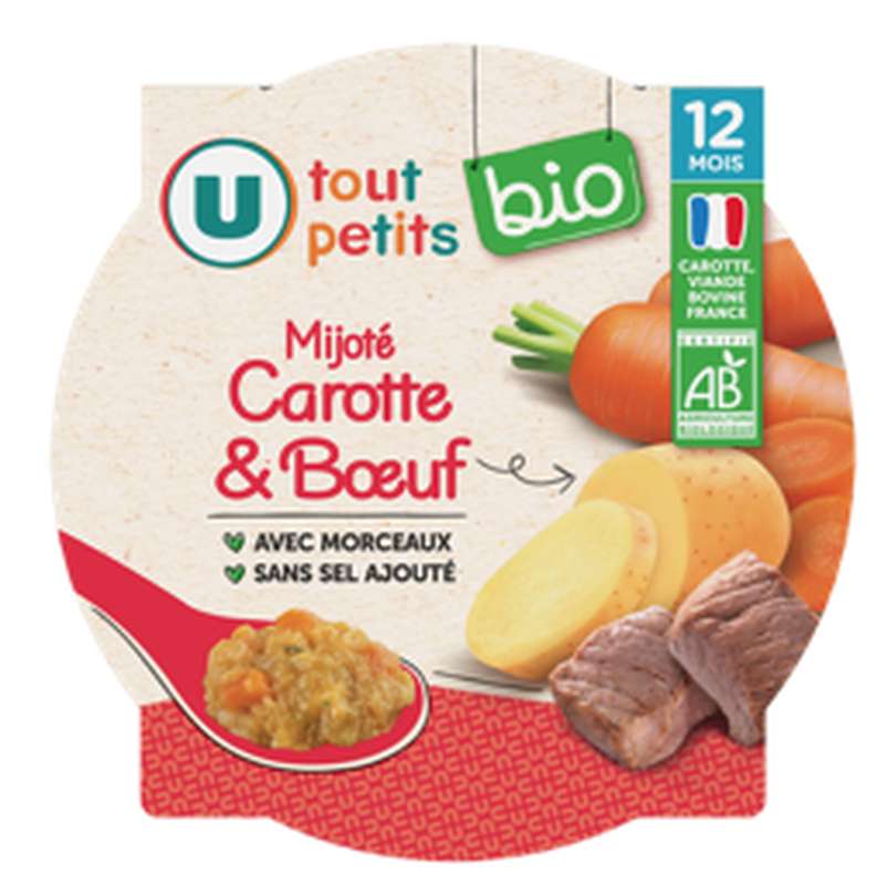 Assiette mijoté de carottes et bœuf BIO - dès 12 mois, U Tout Petits (230 g)