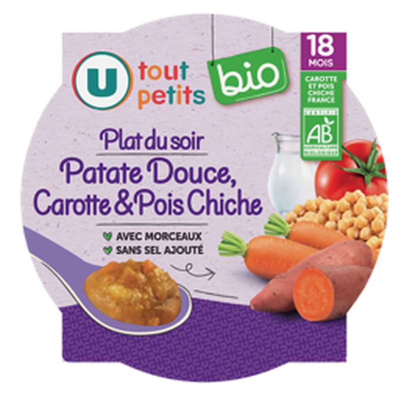 Assiette patate douce, carottes, pois chiches BIO - dès 18 mois, U Tout Petits (230 g)