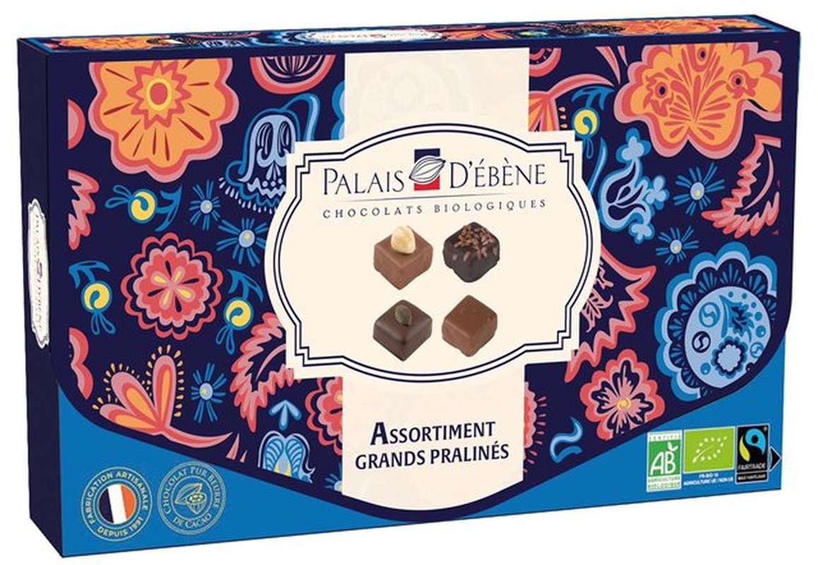 Ballotin de grand praliné chocolat noir 72% cacao et chocolat lait 37% BIO, Palais d'Ebène (140 g)