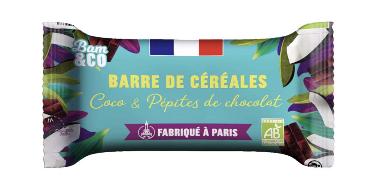 Barre de céréales coco et pépites de chocolat BIO, BAM&Co (34 g)