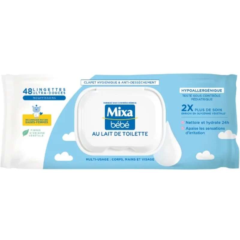 Bébé lingettes au lait de toilette, Mixa x48