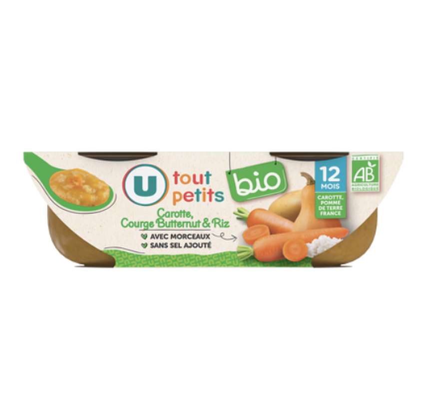 Bols carottes butternut riz Bio - dès 12 mois, U Tout Petits (2 x 200 g)