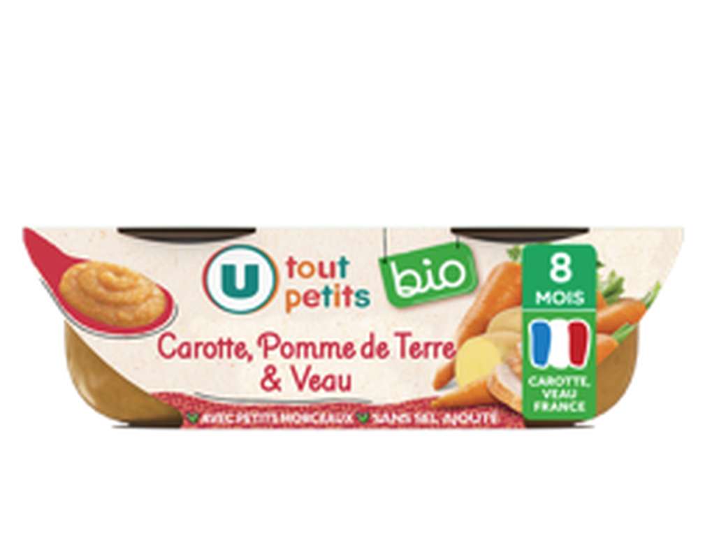 Bols légumes veau avec morceaux BIO - dès 8 mois, U Tout Petits (2 x 200 g)