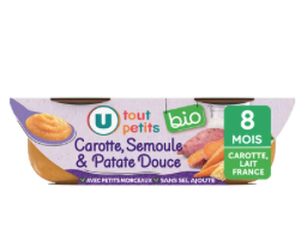 Bols plat du soir carottes, semoule et patate douce BIO - dès 8 mois, U Tout Petits (2 x 200 g)