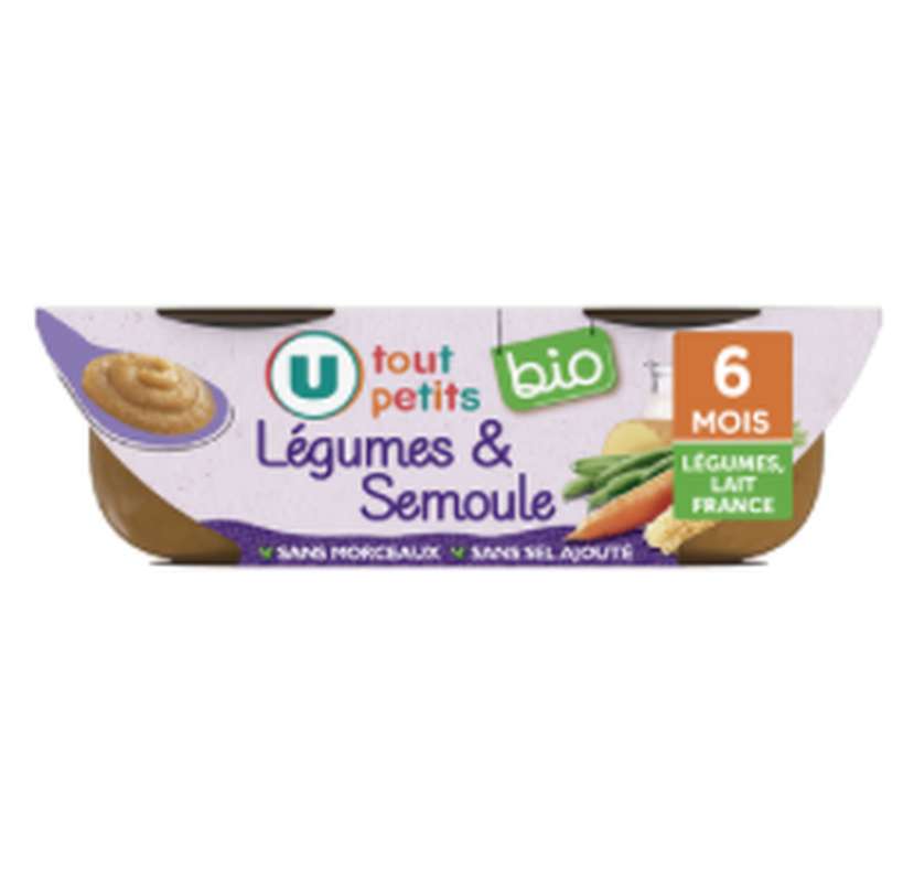 Bols plat du soir légumes verts et semoule - dès 6 mois BIO, U Tout Petits (2 x 200 g)