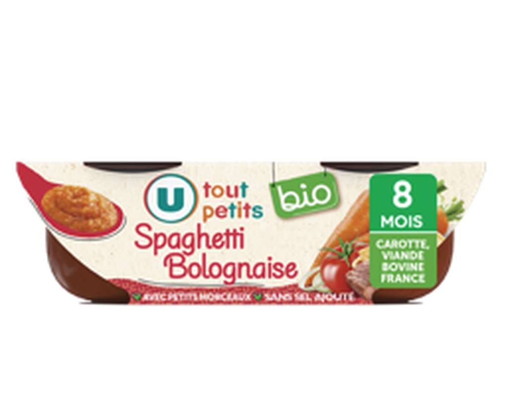 Bols spaghetti bolognaise avec morceaux BIO - dès 8 mois, U Tout Petits (2 x 200 g)