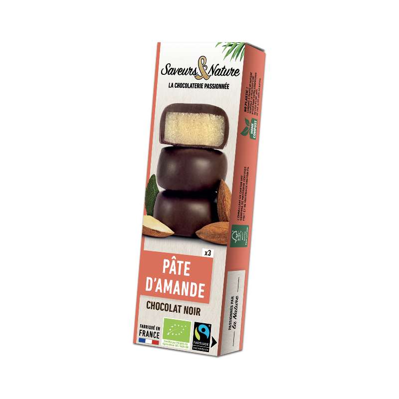 Bouchées amandines pâte d'amande enrobées de chocolat noir BIO, Saveurs et Nature (3 x 15 g )