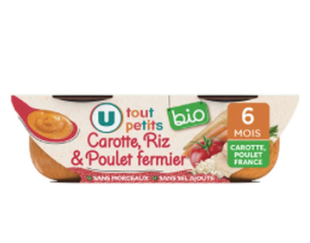 Carottes tomate riz et poulet sans morceaux - dès 6 mois BIO, U Tout Petits (2 x 200 g)