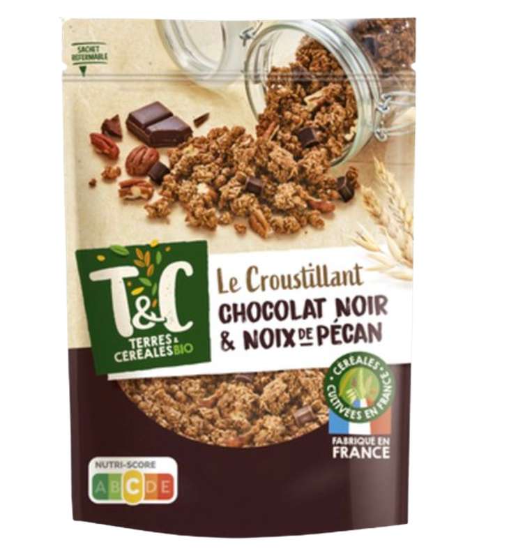Céréales croustillantes chocolat noir & noix de pécan BIO, Terres & Céréales (375 g)