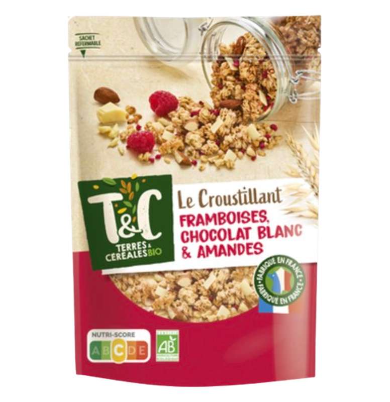 Céréales croustillantes framboises amandes chocolat blanc BIO, Terre et céréales (375 g)