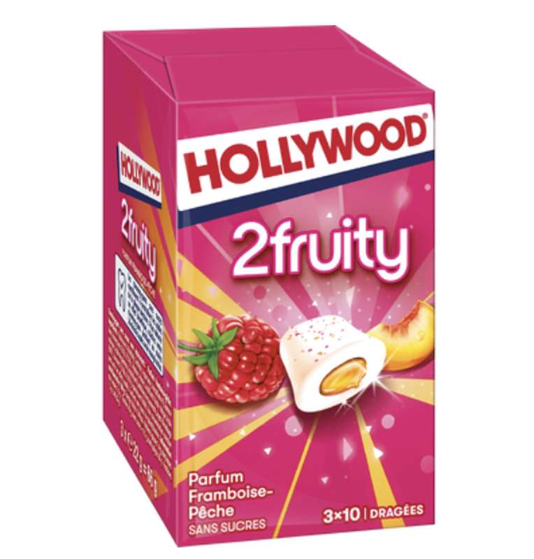 Chewing-gum 2Fruity framboise pêche sans sucres, Hollywood (3 x 10)