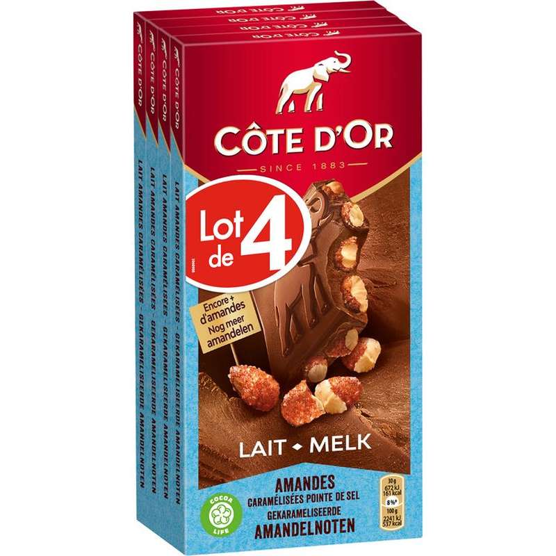 Chocolat au lait amandes caramélisées et pointe de sel, Côte d'Or LOT DE 4 (4 x 180 g) La