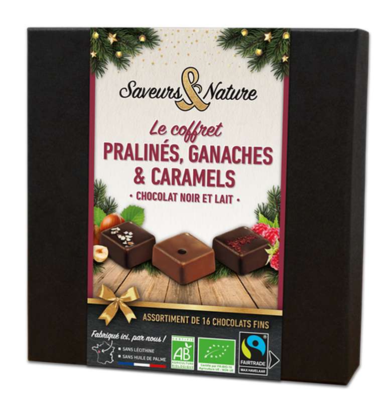 Coffret assortiment de bonbons de chocolat noir et lait BIO, Saveurs et Nature (x 16, 125 g)