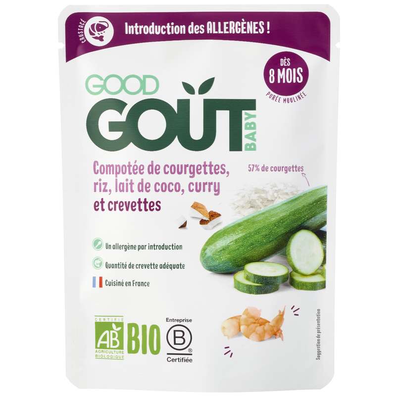 Compotée de courgette, riz, lait de coco, curry et crevettes BIO - dès 8 mois, Good Goût (190 g)