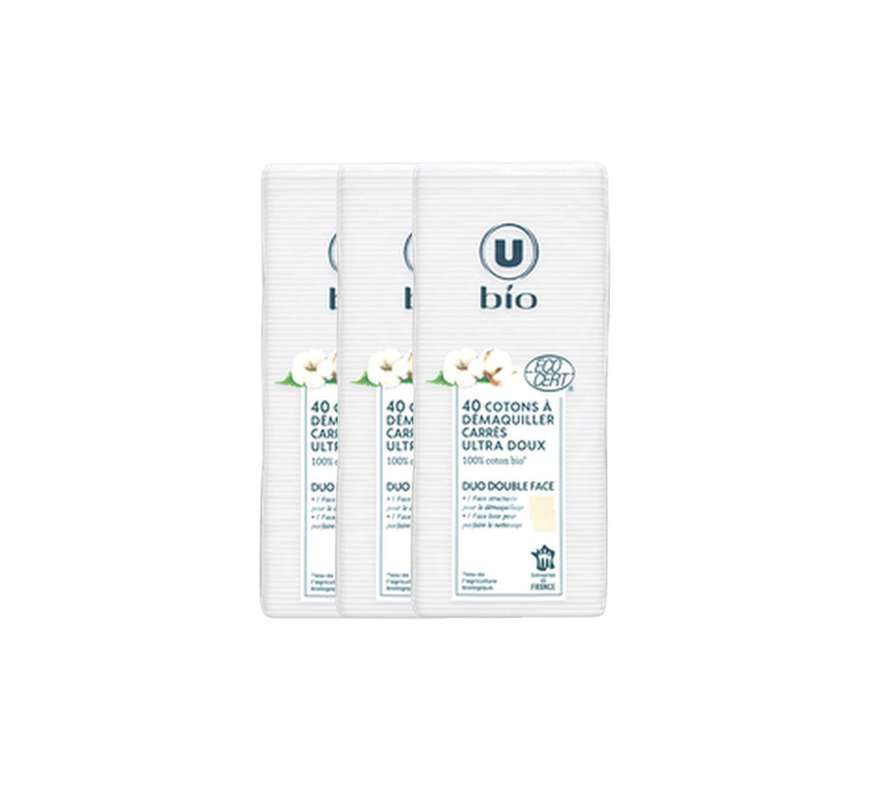 Lot de 3 x Coton à démaquiller carré douceur, U Bio (x 40)