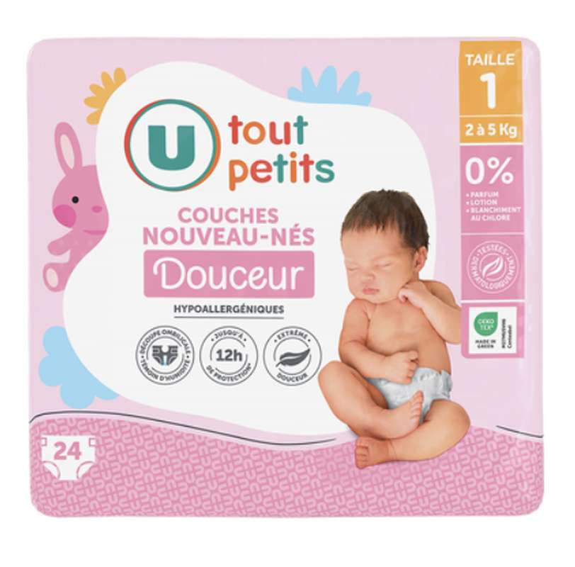 Couches douceur plus nouveau-nés T1 - 2/5kg, U Tout Petits (x 24)