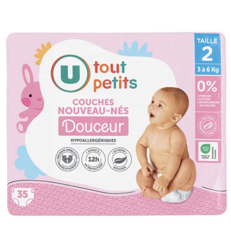 Couches douceur plus nouveau-nés T2 - 3/6 kg, U Tout Petits (x 35)