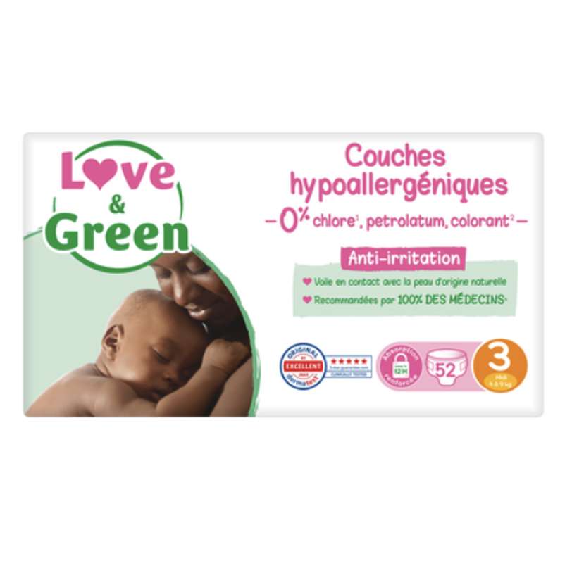Couches écologiques hypoallergéniques - T3, Love & Green (x 52)
