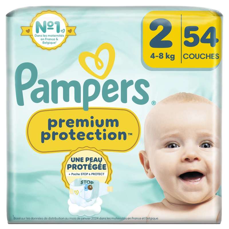 Couches premium protection T2 / 4-8 kg, Pampers (x 54)
