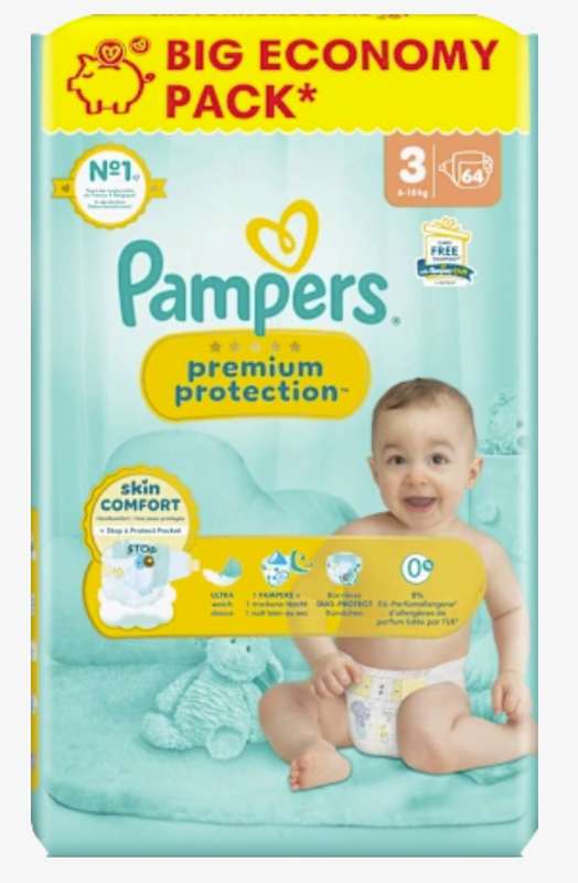 Couches premium protection T3 / 6-10 kg, Pampers (x 64)