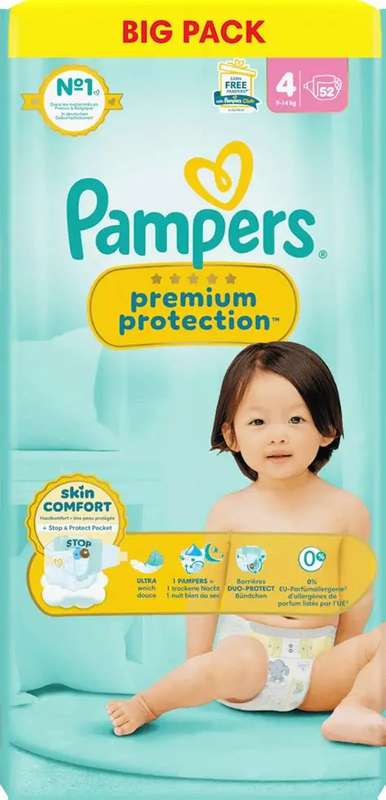 Couches premium protection T4 / 9-14 kg, Pampers (x 52)