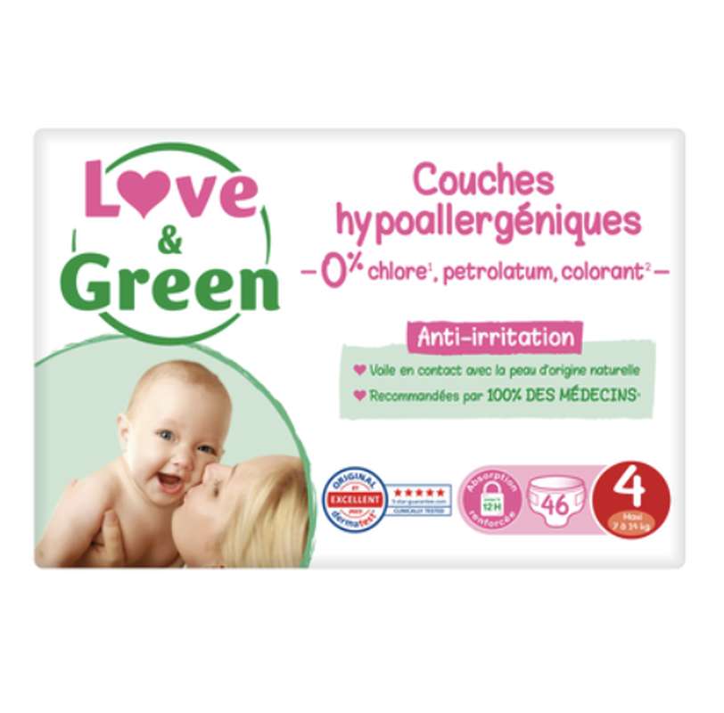 Couches sensitives et écologiques T4 / 7 - 14 kg,  Love & Green (x 46)