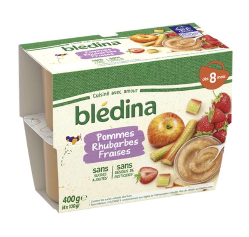 Coupelle fruits pomme, rhubarbe et fraise - dès 8 mois, Blédina (4 x 100g )