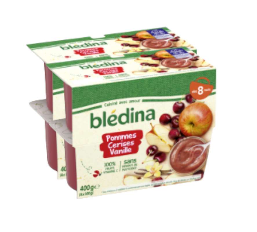 2 Lots de 4 Coupelles 100% fruits pommes, cerises, vanille - dès 8 mois, Blédina (8 x 100 g)