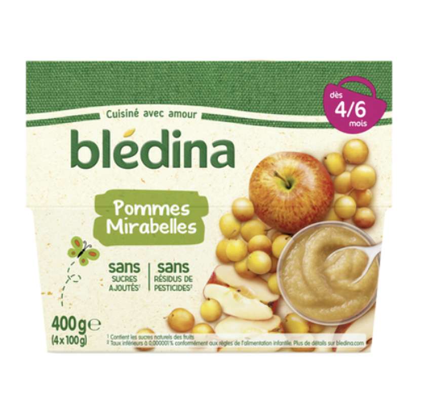 Coupelles 100% fruits pommes, mirabelles - dès 4/6 mois, Blédina (4 x 100 g)