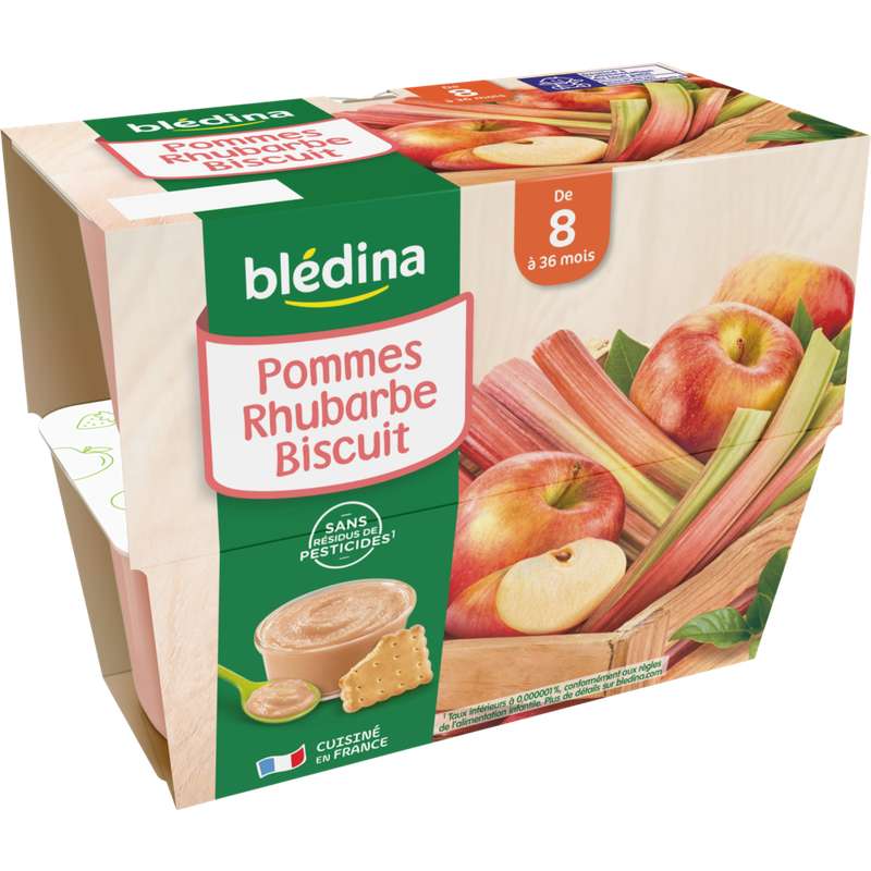 Coupelles 100 Fruits Pommes Rhubarbe Biscuit Des 8 Mois Bledina 4 X 100 G La Belle Vie Changez Votre Vision Des Courses