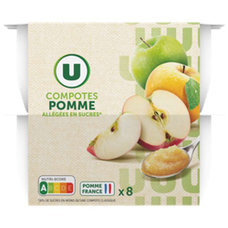 Compote pomme nature allégée en sucres, U (8 x 100 g) La Belle Vie