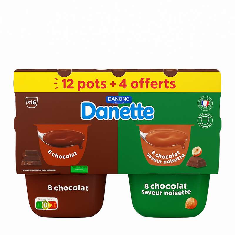 Crème dessert au chocolat noir et noisettes, Danette  (12 + 4 pots offerts, 1.84 g)