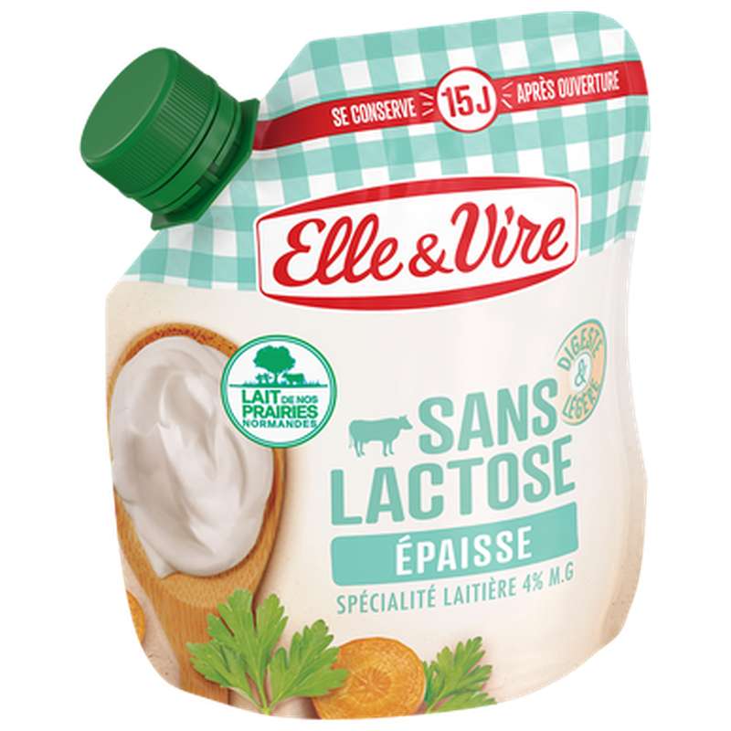 Crème fraîche épaisse sans lactose 4% de mg, Elle & Vire (338 g)