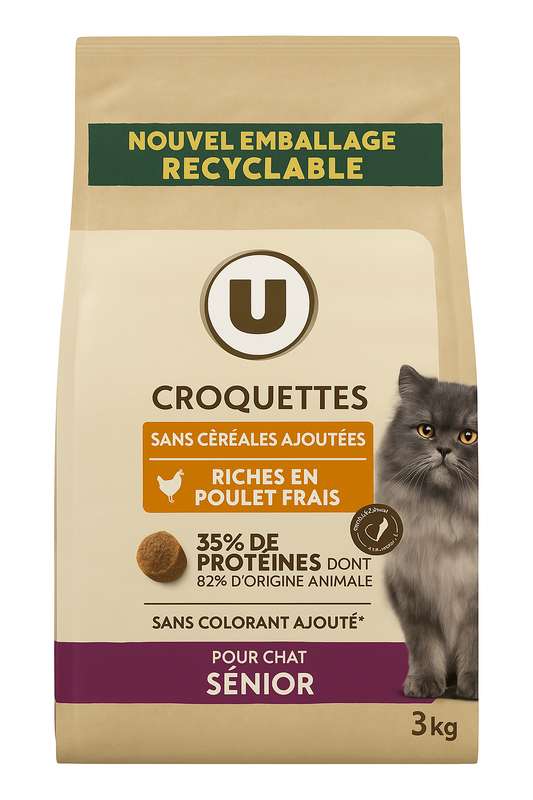 Croquettes sans céréales riche en poulet frais pour chat sénior, U (3 kg)