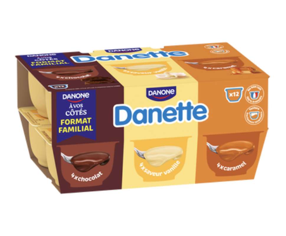 Crème panaché saveur chocolat, caramel et vanille, Danette (12 x 115 g)
