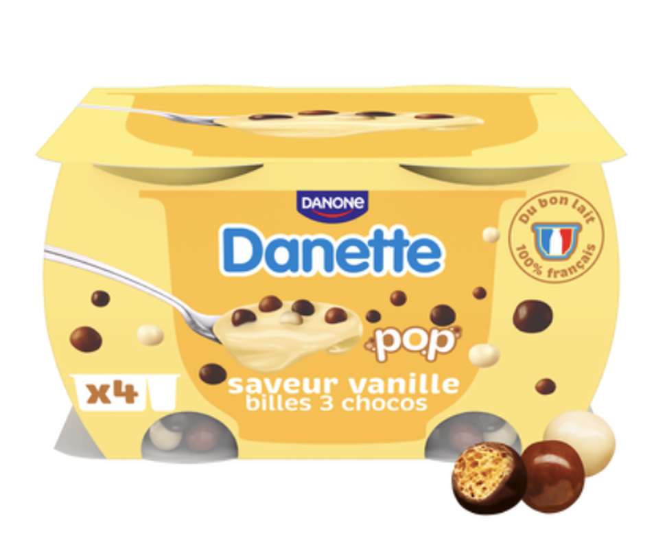 Crème dessert Pop Vanille et billes 3 Chocolats, Danette (4 x 117 g)