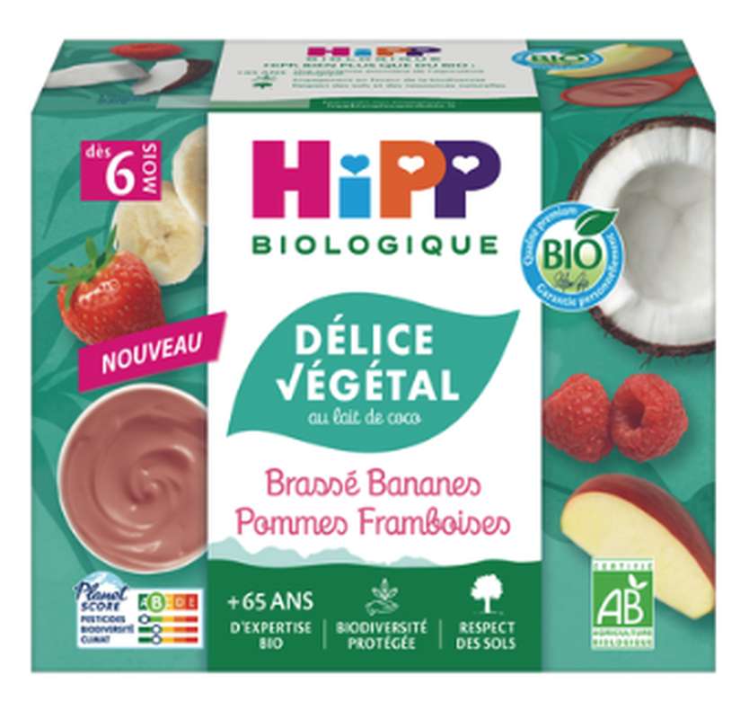 Délices de lait brassé pommes, framboises, bananes BIO - dès 6 mois, Hipp (4 x 100 g)