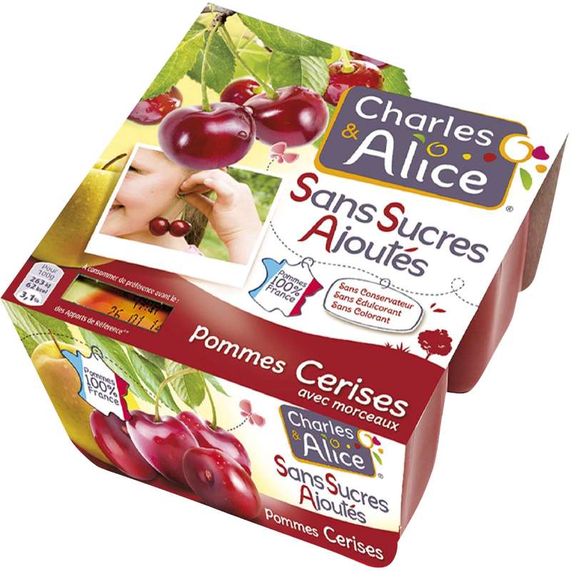 Compote sans sucre ajouté pomme cerise, Charles & Alice (4 x 97 g) La