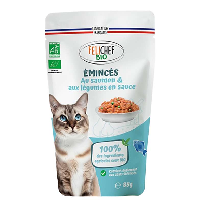 Emincés en sauce au saumon et aux légumes pour chat BIO, Felichef (85 g)