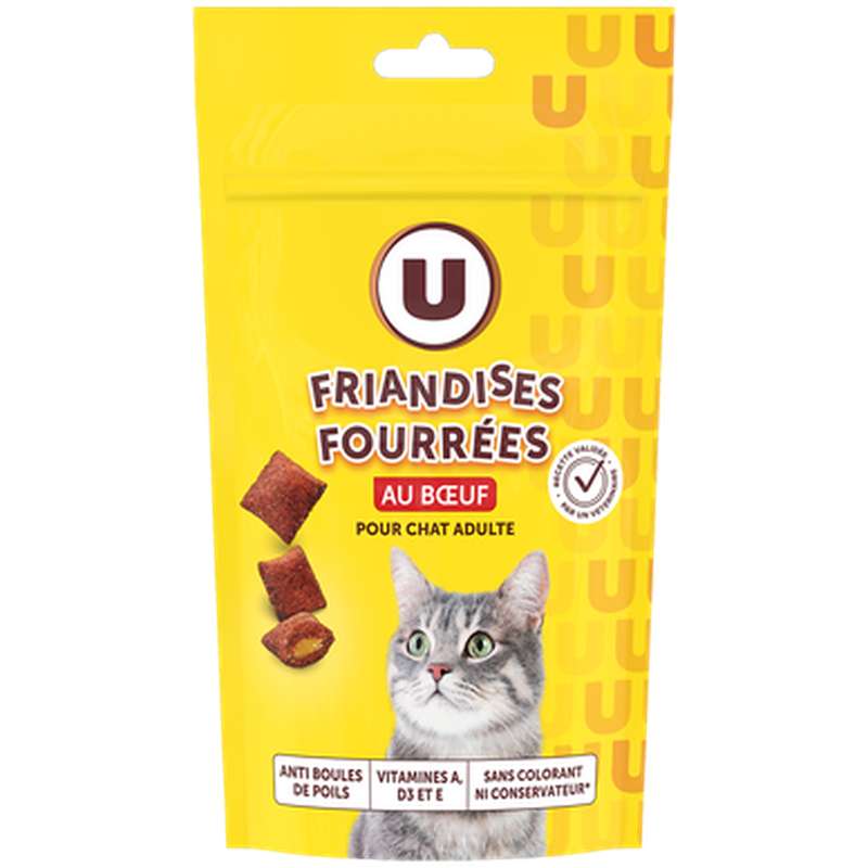 Friandises fourrées pour chat anti boule de poils au bœuf, U (60 g)