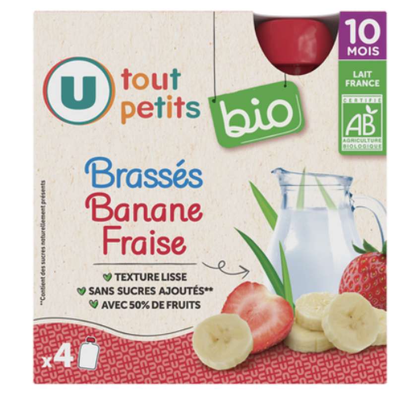 Gourdes banane fraise yaourt BIO - dès 10 mois, U Tout Petits (4 x 85 g)