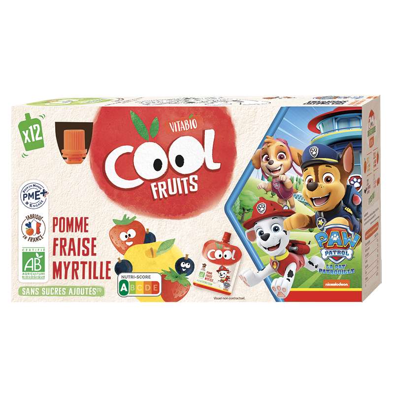 Gourdes Cool Fruits -La Pat' Patrouille Pomme Fraise Myrtille BIO, Vitabio (12 x 90 g)