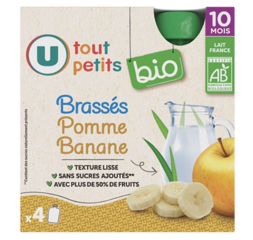 Gourdes Pomme Banane Yaourt BIO - dès 10 mois, U Tout Petits  (4 x 85 g)