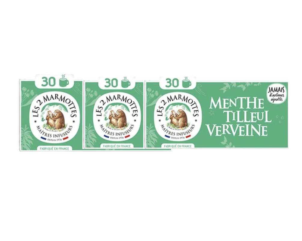 Lot de 3 x Infusion Menthe Tilleul et Verveine, Les 2 Marmottes (x 30 sachets, 42 g)
